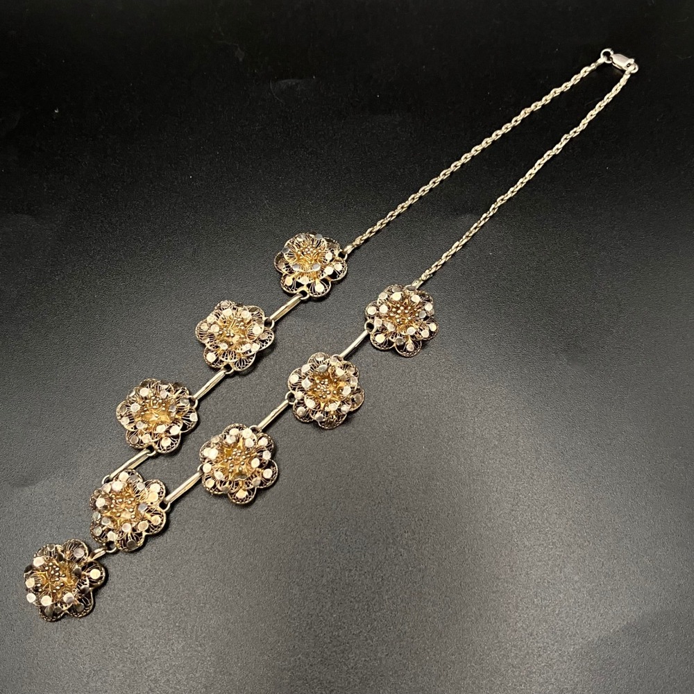 Vintage Flower Filigree Necklace Sterling Silver Floral Drop Antique 16 Inch - Picture 11 of 16